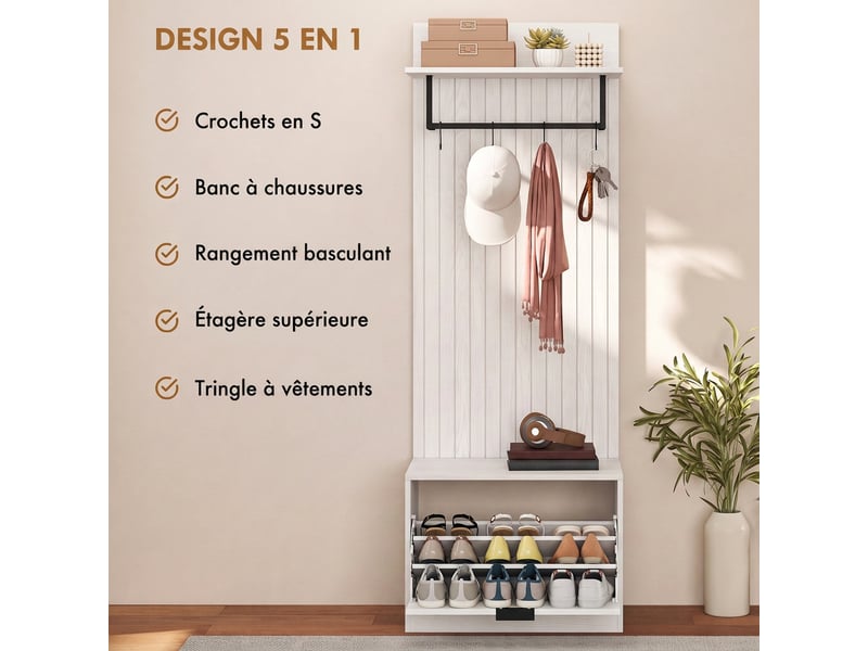 Meuble d'entrée porte-manteau 5 en 1 blanc - Conforama D
