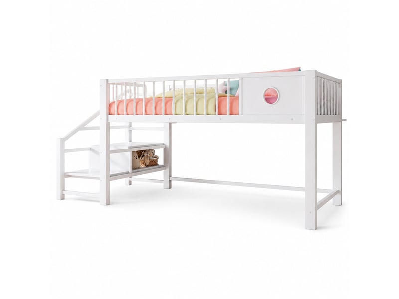  Lit surélevé bas enfant 90 x 200 cm avec escalier de rangement, blanc, métal  - Conforama A