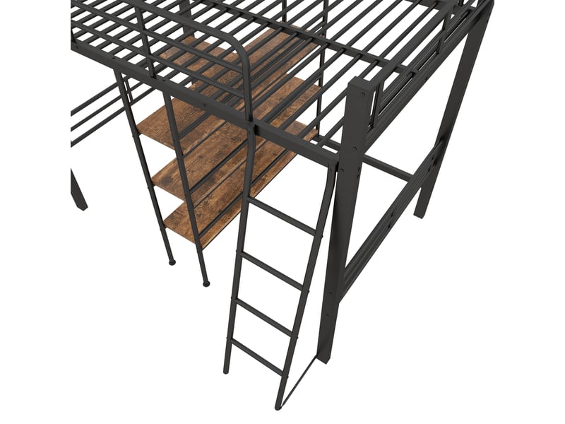  Lit mezzanine enfant 90x200 cm avec bureau intégré, rangements, barrière et échelle, métal, noir, sans matelas  - Conforama E