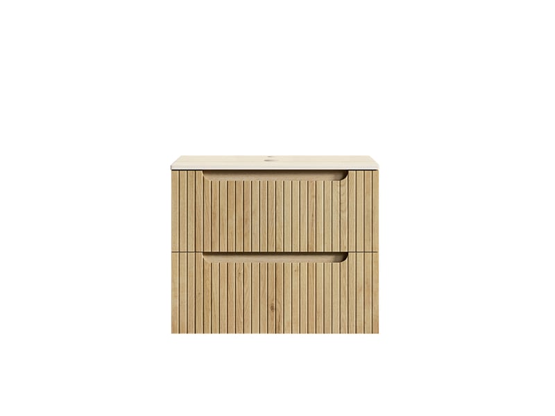  Meuble sous vasque de salle de bain sans lavabo, plateau en pierre frittée effet travertin, en contreplaqué, chêne clair  - Conforama E