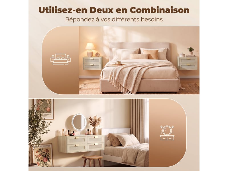  Lot de 2 tables de chevet murales, tables de nuit suspendues avec 2 tiroirs et plateau à effet rotin, chêne  - Conforama R