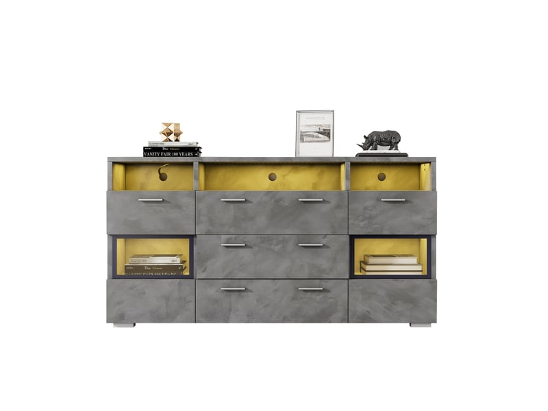  Meuble rangement buffet 140 cm led acrylique gris 2 portes 3 tiroirs salon moderne homvra  - Conforama A