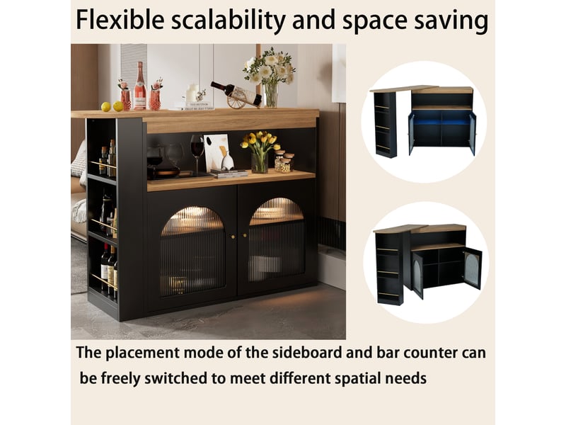 Ilot cuisine, buffet de cuisine avec rangements intégrés, plateau extensible, pivotant à 360°, dimensions 138 à 193 x 39 x 105 cm, mdf, noir - Conforama E