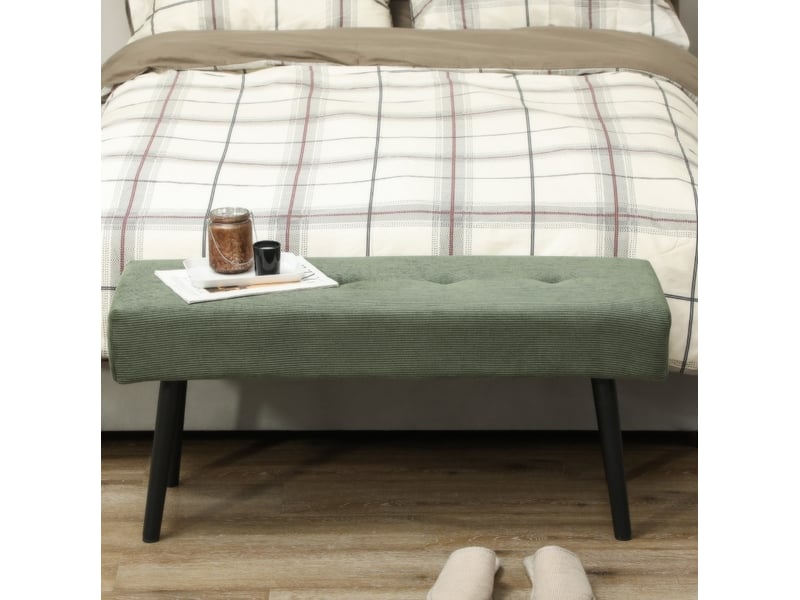 Bout de lit capitonné avec assise rembourrée et pieds en acier, pour chambre ou entrée, velours côtelé vert 100 × 36 × 45 cm - Conforama B