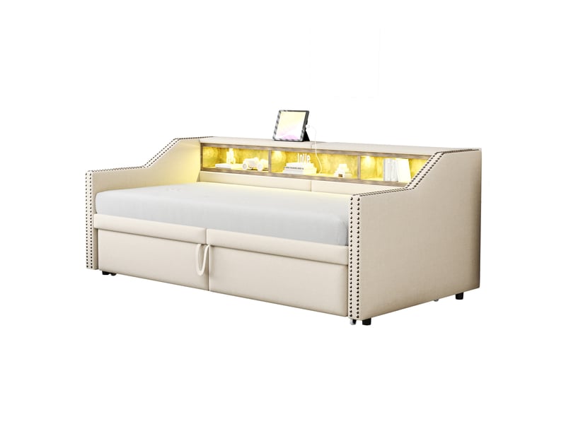  Canapé-lit extensible 90180x200 cm avec rangements, led et usb, toile de jute beige sans matelas  - Conforama A