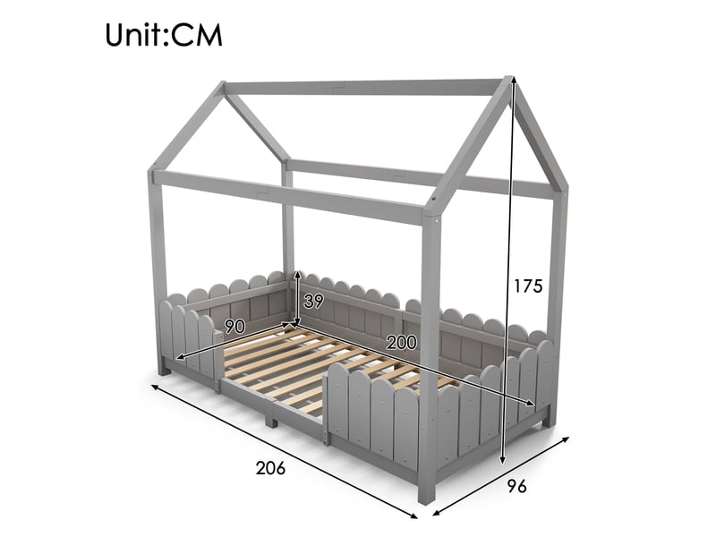  Modenvie lit cabane enfant 90x200 cm - avec barrière de sécurité, sommier inclus - gris  - Conforama C
