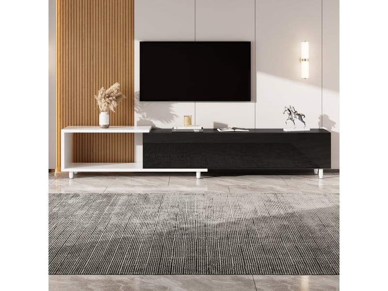  Meuble tv extensible avec 3 portes laquées brillantes, pieds métalliques, charnières silencieuses, noir et blanc  - Conforama B