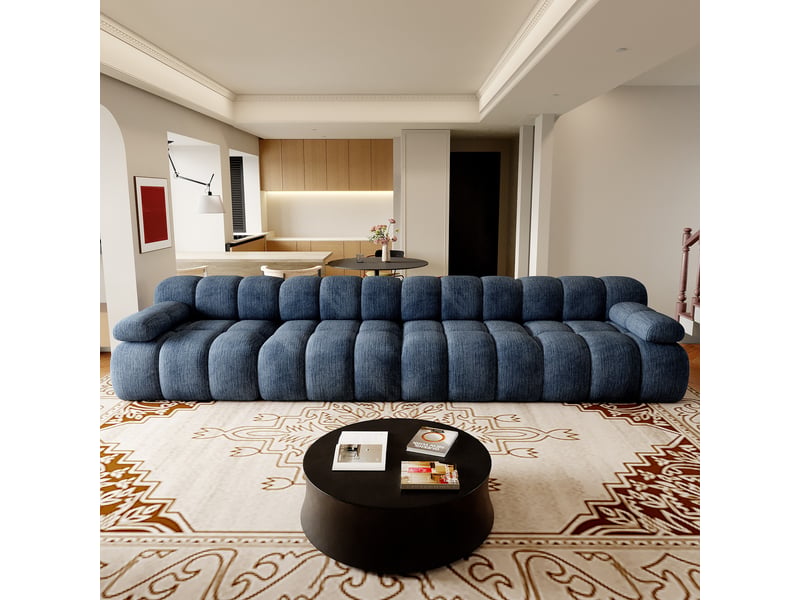 Canapé compressé 4 places 400x100x68 cm sans structure, sans montage, mousse haute résilience, assise profonde et large, tissu chenille bleu - Conforama B