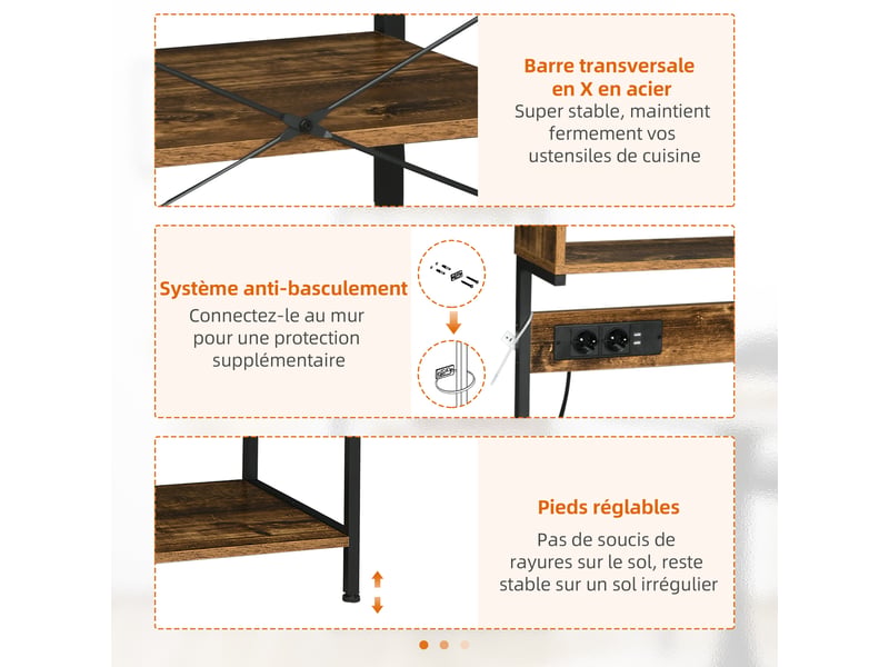  Étagère de cuisine support pour micro-ondes avec 2 prise de courant et 2 chargeurs usb, 5 crochets et étagère réglable  - Conforama W