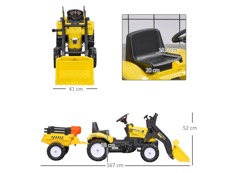  Tracteur à pédales tractopelle avec remorque pelle et rateau jaune noir  - Conforama C