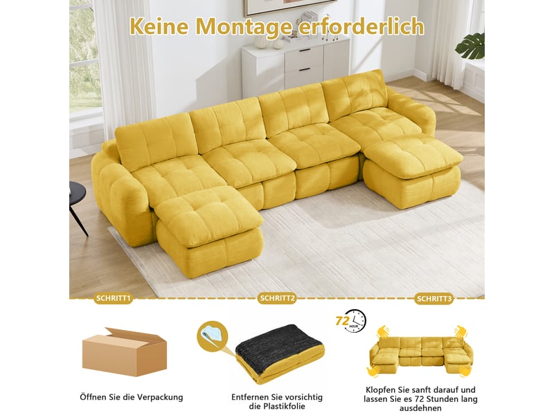  Canapé en u modulable 4 places en tissu chenille jaune 334x160x68 cm W3325S00548 - Conforama D