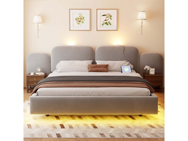Lit coffre 180x200 cm - lit double avec rangement - led rgb, usb & type-c - gris - Conforama W