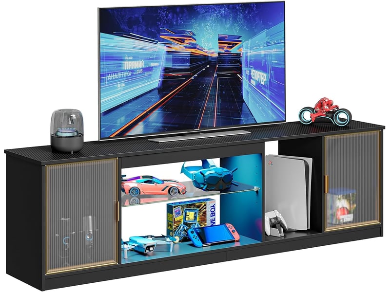 Bestier modern tv stand for 7580 inch tvs, led multimedia center with acrylic doors and adjustable glass shelf, 70 media console for ps5 living room, black carbon fibre  - Conforama A