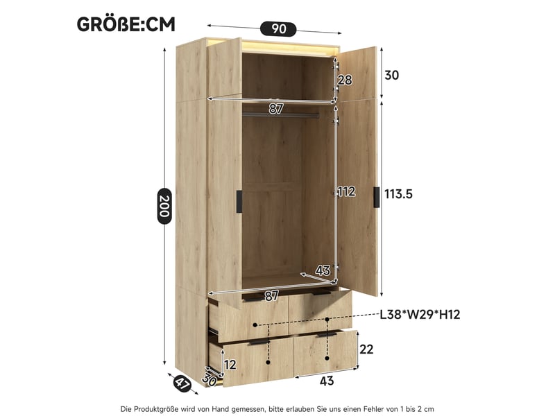  Armoire 90x47x200 cm avec miroir et éclairage led, 1 penderie, 4 tiroirs, mdf, bois clair, chambre et dressing, déco  - Conforama C