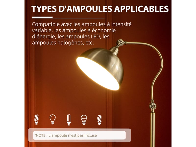  Lampadaire sur pied salon, interrupteur à pied 42 x 25,5 x 152 cm ton laiton, lampe salon rétro avec abat-jour réglable  - Conforama W