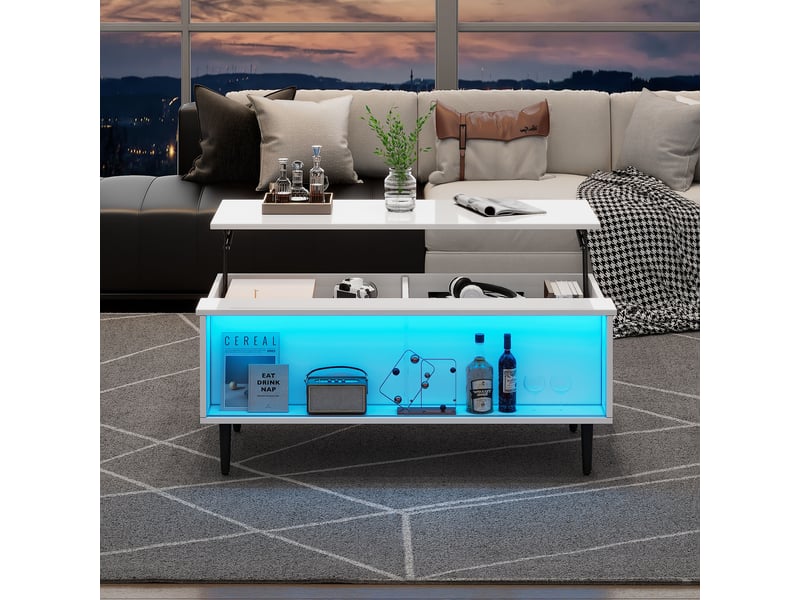 Table basse relevable 105x50 cm avec rangement caché, table basse led blanche brillante, portes en verre trempé - Conforama D