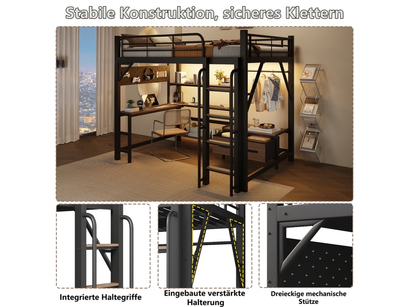  Lit mezzanine 2 places 140×200 cm avec bureau, led, usb et rangements - okmyhome- noir, sans matelas  - Conforama E