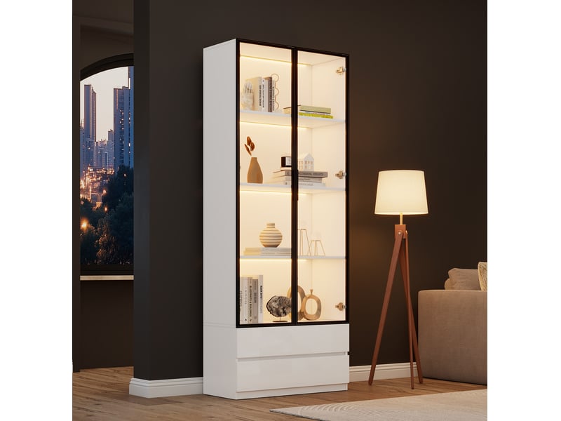  Vitrine haute 80x34x200 cm à led, 2 portes vitrées et 2 tiroirs, blanc  - Conforama B