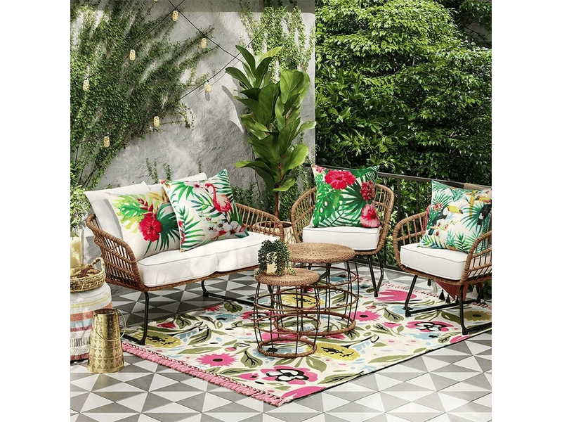 Lot de 4 housse de coussin - 45 x 45 cm, lot de 4 housses de coussin d'extérieur imperméables à motif plantes tropicales, fleurs et oiseaux, housse de coussin, vert - Conforama E