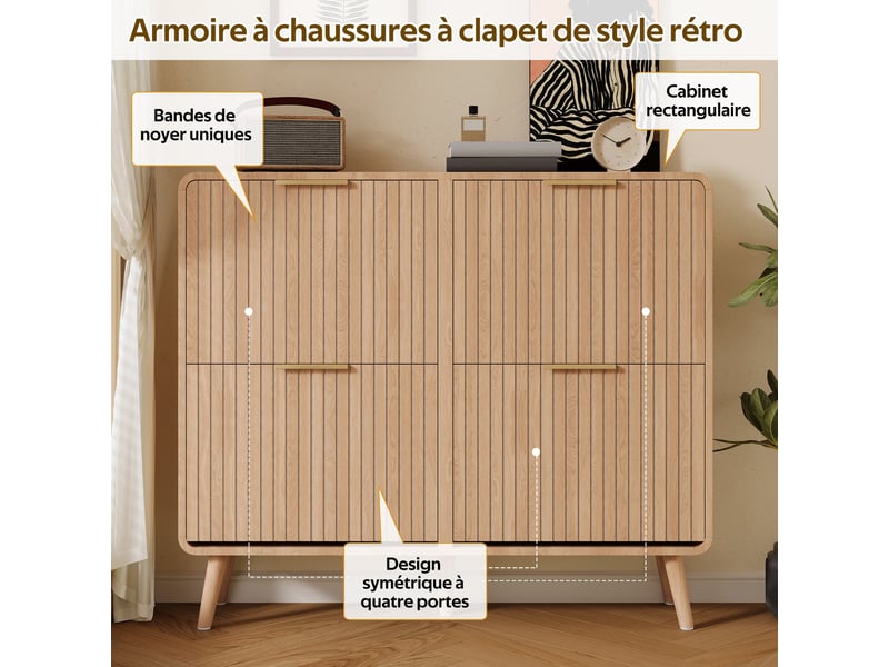  Meuble à chaussures 105x24x90 cm, 4 abattants et capacité 18 à 24 paires, rangement pratique pour entrée et couloir - bois clair  - Conforama E