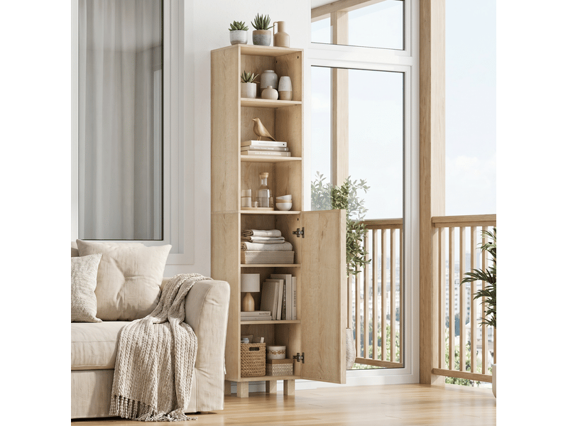  Armoire de salle de bain haute avec étagères ouvertes et rangements fermés, finition chêne, 35 × 30 × 162,5 cm  - Conforama D