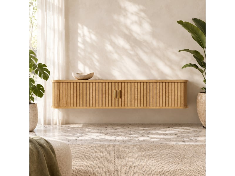  Meuble tv mural avec 2 portes coulissantes un tiroir et led réglable par mobile pour salon en mdf 175×30×30 cm naturel  - Conforama B