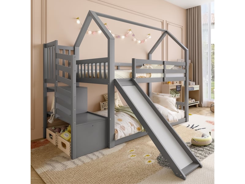 Lit superposé avec toboggan et escalier, lit cabane gris 90x200, lit enfant avec barrière de sécurité, sans matelas. - Conforama R