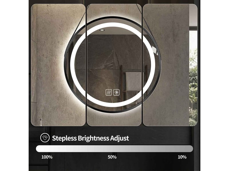 Miroir de salle de bain led 70 cm rond avec sangle noire anneau lumineux intégré verre sécurit tactile anti-buée blanc - Conforama D