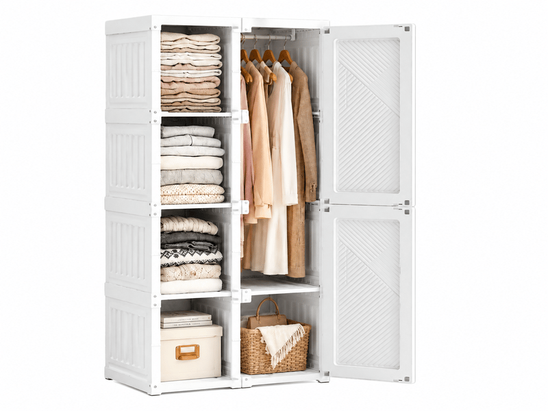 Armoire de chambre moderne à 6 portes avec 5 compartiments, 1 tringle et espace de rangement, blanche - Conforama A