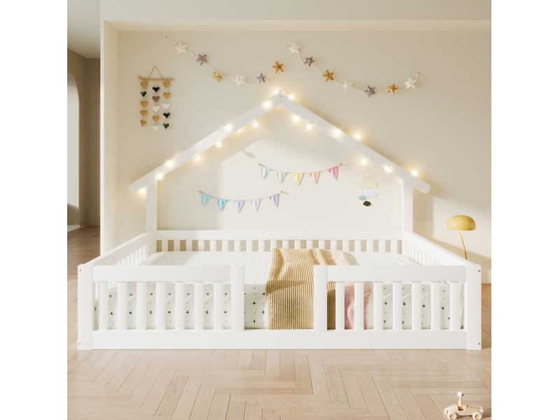  Lit surélevé enfant 140x200 cm avec sommier à lattes, garde-corps de sécurité, guirlande led, bois blanc, sans matelas  - Conforama D