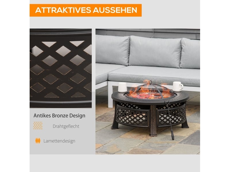  Brasero de jardin en acier 81 x 81 x 50 cm – noir – 2 en 1 chauffage et barbecue avec tisonnier  - Conforama E