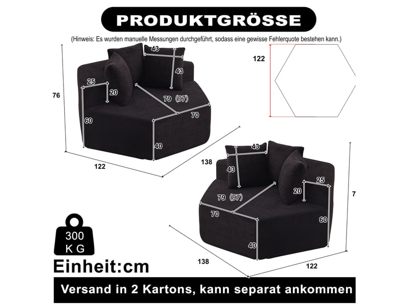  Lot de 2 fauteuils modulables compressés et hexagonaux souples, assise de 2 places, en tissu chenille, couleur noir  - Conforama C