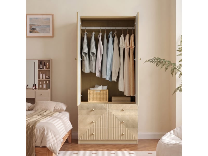  Armoire avec 6 tiroirs, 1 tringle et 2 portes, style moderne, 90 x 50 x 200 cm, chêne  - Conforama D