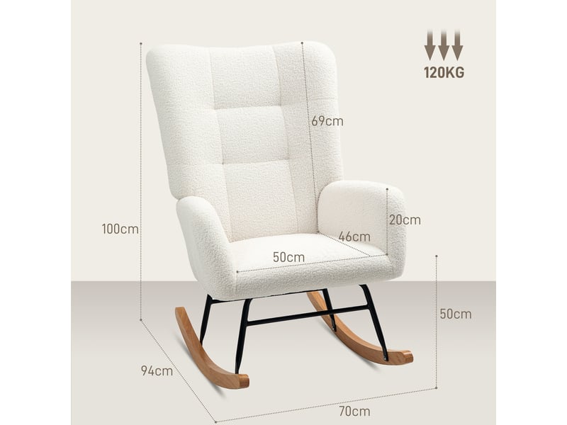  Fauteuil à bascule blanc crème, fauteuil d'allaitement confortable en tissu bouclette, pieds en bois, 70x94x100 cm  - Conforama C