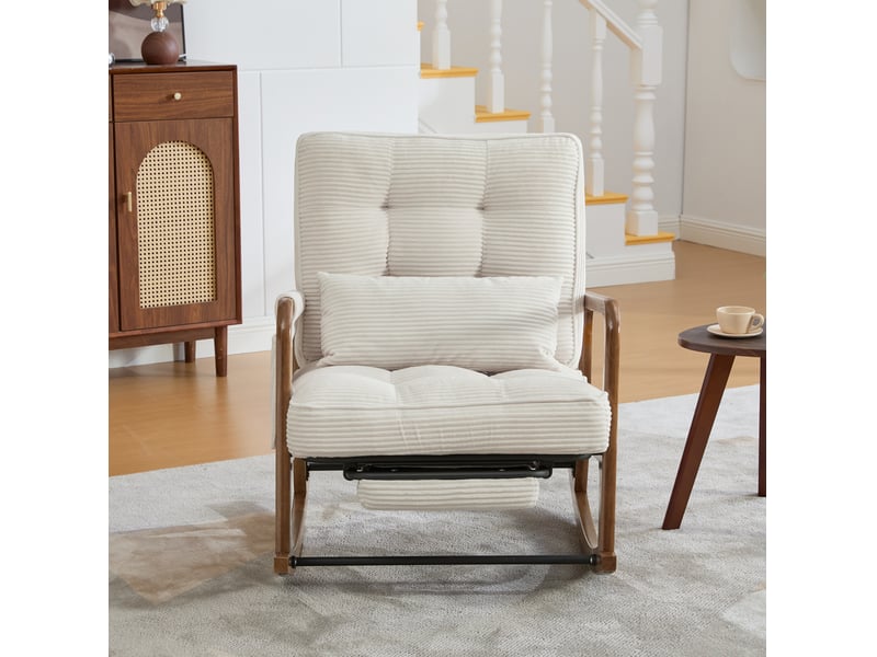 Fauteuil à bascule 70x80x92 cm, dossier réglable, beige, revêtement en velours côtelé, repose-pieds, fauteuil relaxation, poche latérale  - Conforama D