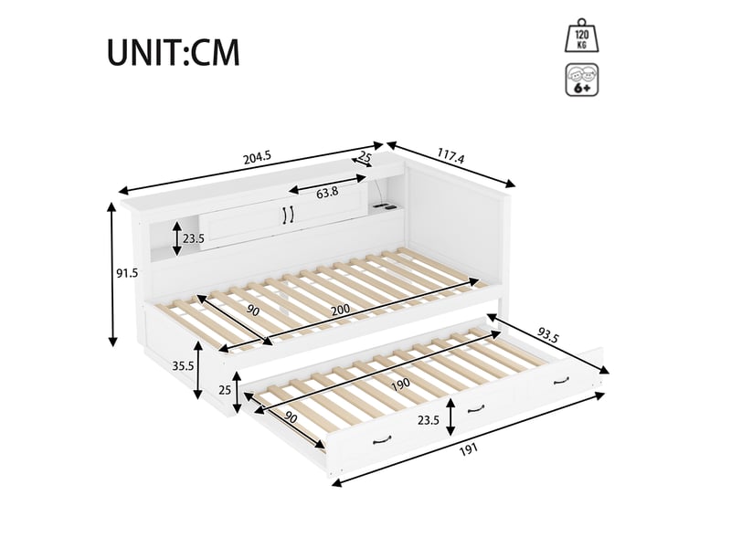  Lit banquette 90x200 avec lit gigogne et led, lit de jour blanc avec prises usb et rangement  - Conforama C
