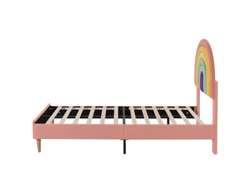  Lit enfant velours rose avec tête de lit rembourrée réglable et sommier à lattes inclus  - Conforama D