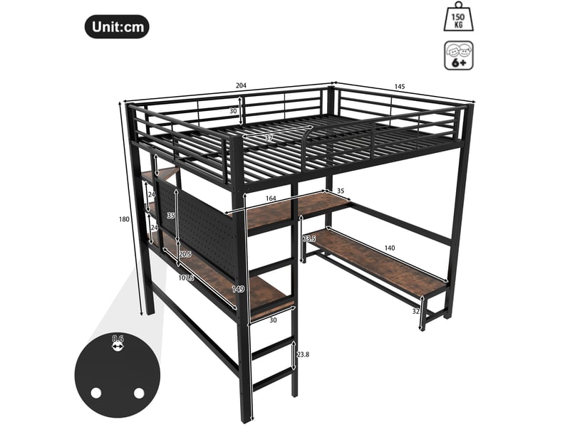  Lit mezzanine 140 x 200 cm noir avec bureau, étagères, led et prises usb type-c  - Conforama C
