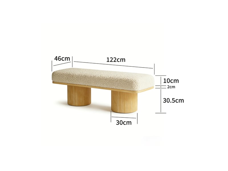  Banc de chambre 122x46x42,5 cm en bois et tissu peluche creme, assise rembourree, design moderne  - Conforama B
