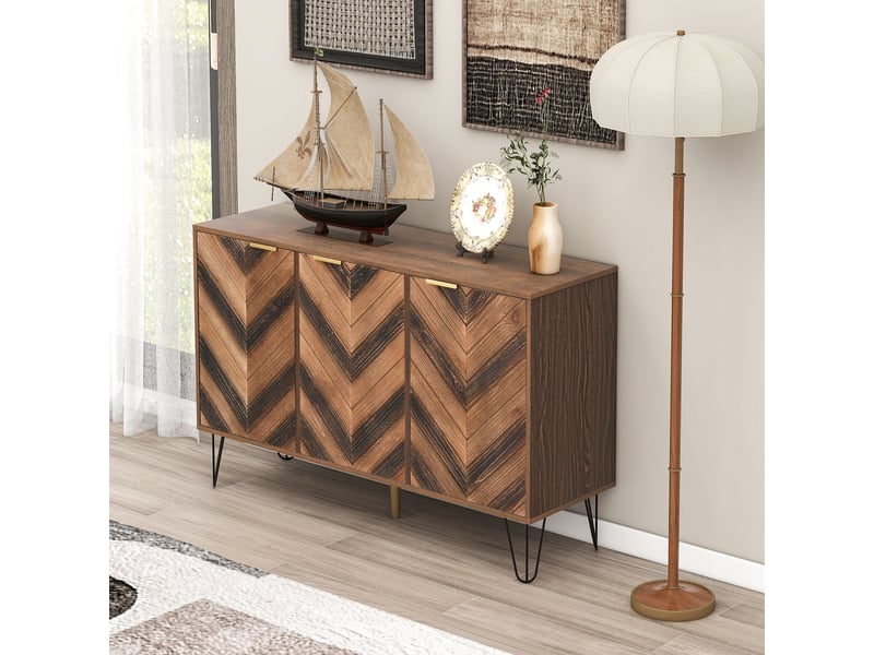  Buffet 3 portes bois naturel et noir, bahut 120 cm avec étagères, pieds en métal et poignées dorées  - Conforama D
