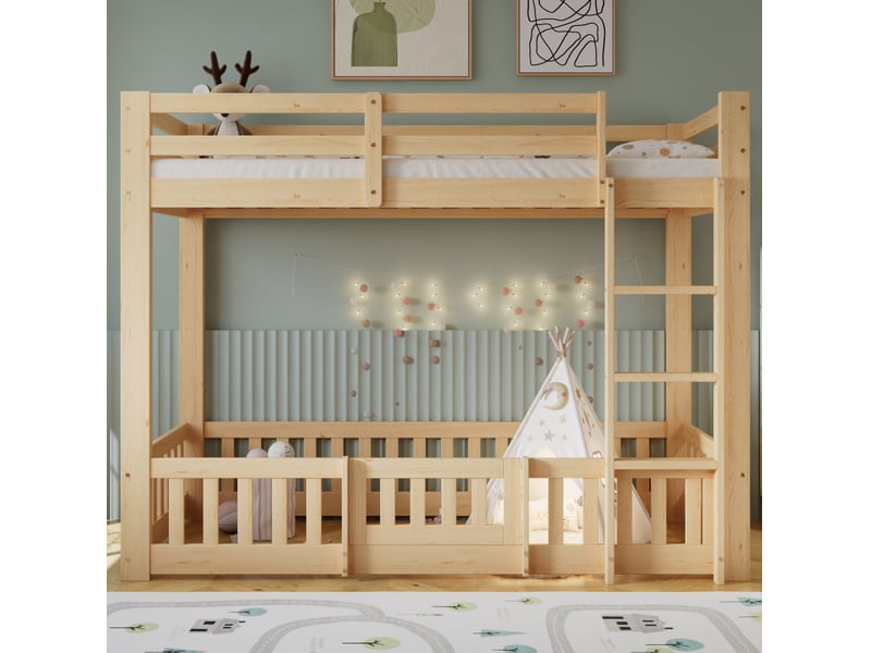  Lit mezzanine enfant 90 × 200 cm 1 place avec escalier, barrières et porte, sans matelas, en pin naturel  - Conforama C
