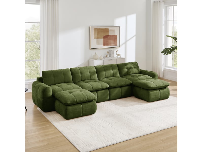 Canapé modulable 4 places modenvie en u avec 2 poufs, revêtement en chenille vert, 334 x 160 x 68 cm - Conforama E