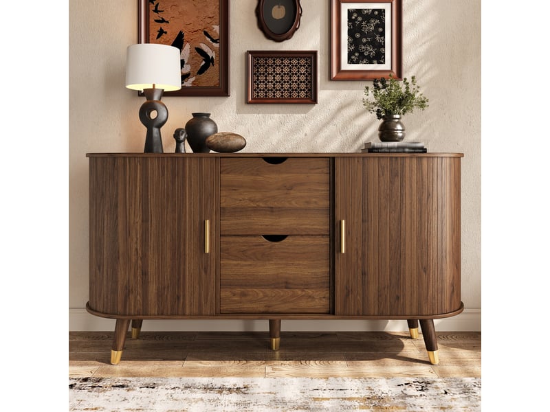  Buffet - 140x40x79.5cm - meuble de rangement bahut ovale avec portes coulissantes à lattes, 2 tiroirs &amp; pieds bois - noyer foncée  - Conforama D