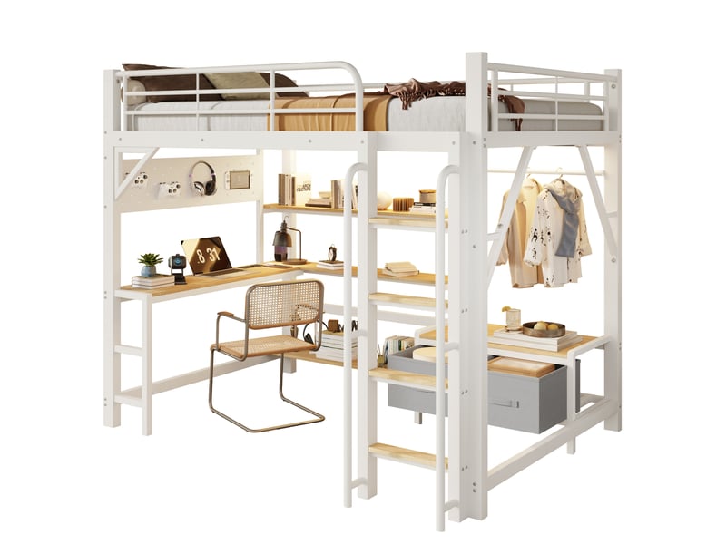  Lit mezzanine enfant 140x200 cm avec bureau, rangements, led et usb, blanc  - Conforama A