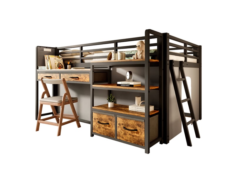  Lit mezzanine enfant 140x200cm avec bureau, lit surélevé avec tiroirs en tissu, étagères ouvertes, rideau et led multicolore, structure en métal, noir Seren Glow - Conforama A