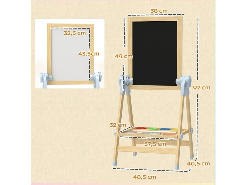  Chevalet enfant double face réglable 48,5 x 46,5 x 97 cm bois naturel, tableau blanc magnétique et tableau noir  - Conforama C
