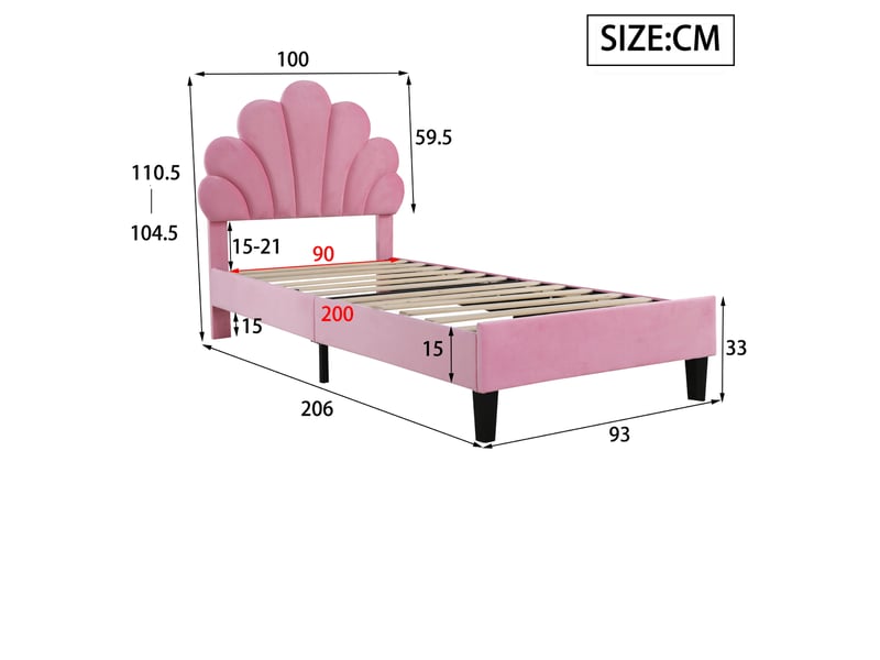  Lit enfant 90x200 capitonné velours rose - tête de lit fleur sommier à lattes inclus  - Conforama C