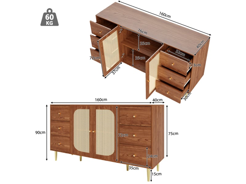  Buffet de rangement mdf 160 x 40 x 90 cm, 6 tiroirs, 2 portes en rotin, marron  - Conforama C