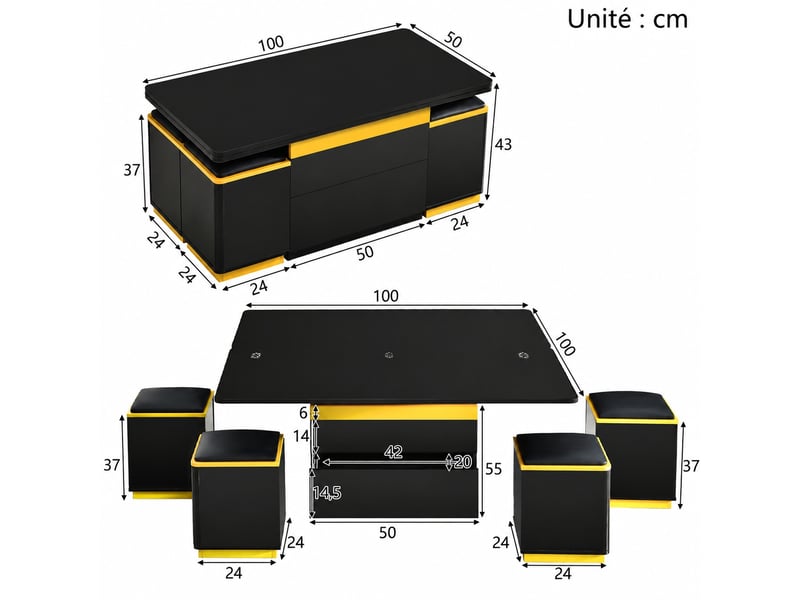  Table basse relevable avec plateau dépliable et 4 tabourets de rangement, noire et jaune, 100 x 50 x 43 cm  - Conforama C