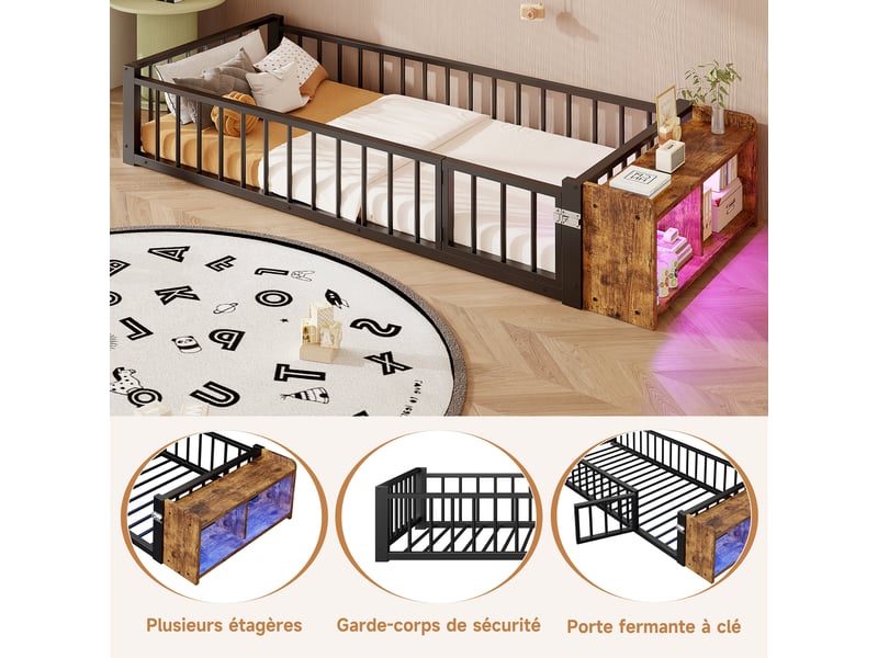  Lit plat en métal 90 x 200 cm, noir, sans matelas, led, rangement ouvert et garde-corps  - Conforama D
